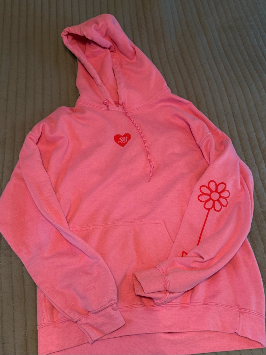 Pink Pullover Hoodie With Heart & Flower Graphic